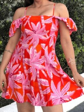 FARM Rio Pink Floral Off-Shoulder Mini Dress on Red